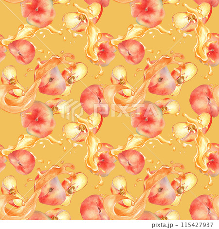 Watercolor seamless pattern of chines flat peaches levitation with splashing juice isolated on yellow . Fruits with drops painted. Fig peach hand drawn. Design element for package, label, cosmetic 115427937