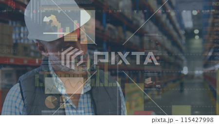 Image of statistics and financial data processing over man working in warehouse Image of statistics and financial data processing over man working in warehouse 115427998