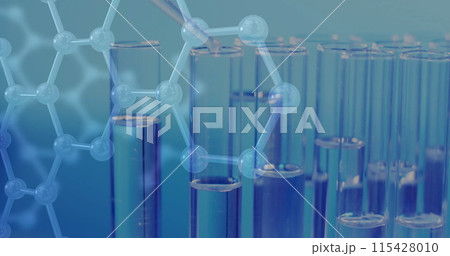 Image of chemical structures over laboratory dishes on blue background Image of chemical structures over laboratory dishes on blue background 115428010