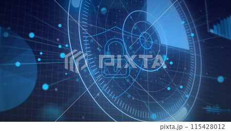 Image of online security padlock, scope scanning and data processing Image of online security padlock, scope scanning and data processing 115428012