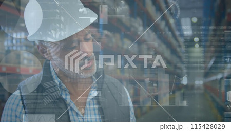 Image of statistics and financial data processing over man working in warehouse 115428029