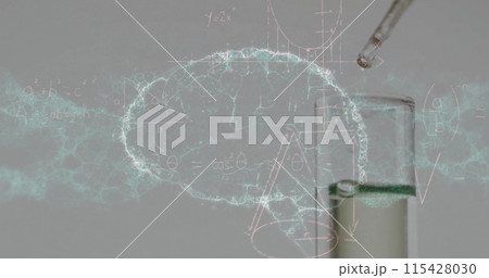 Image of scientific data processing over laboratory dishes on grey background Image of scientific data processing over laboratory dishes on grey background 115428030