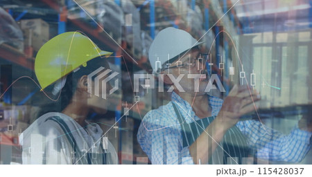 Image of statistics and financial data processing over man and woman working in warehouse Image of statistics and financial data processing over man and woman working in warehouse 115428037
