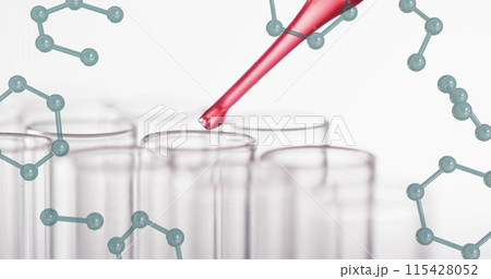 Image of chemical structures over laboratory dishes on white background 115428052