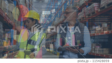 Image of statistics and financial data processing over man and woman working in warehouse 115428059