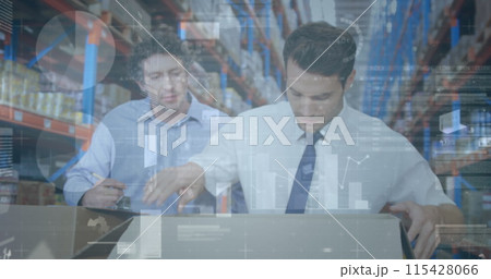 Image of statistics and financial data processing over men working in warehouse Image of statistics and financial data processing over men working in warehouse 115428066