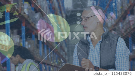 Image of statistics and financial data processing over man and woman working in warehouse 115428076