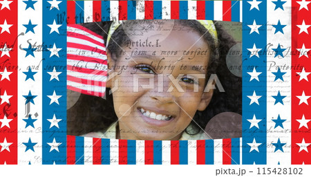 Image of smiling girl over document and american flag 115428102