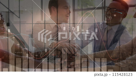 Image of financial data processing over business people stacking hands in meeting 115428123