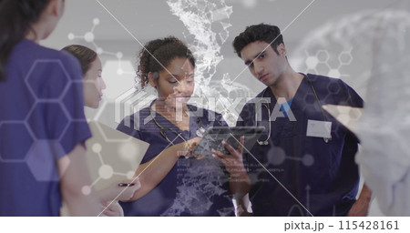 Image of cells and medical data over diverse female and male doctors in discussion using tablet Image of cells and medical data over diverse female and male doctors in discussion using tablet 115428161