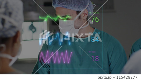 Image of vital signs readings over biracial male surgeon at work in operating theatre Image of vital signs readings over biracial male surgeon at work in operating theatre 115428277