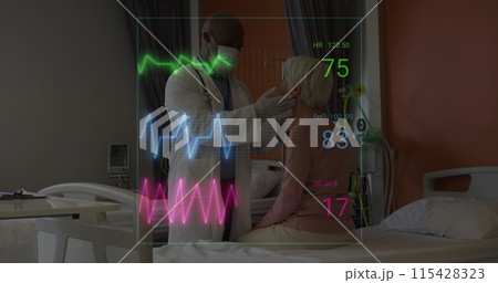 Image of vital signs readings over diverse male doctor examining senior female patient Image of vital signs readings over diverse male doctor examining senior female patient 115428323