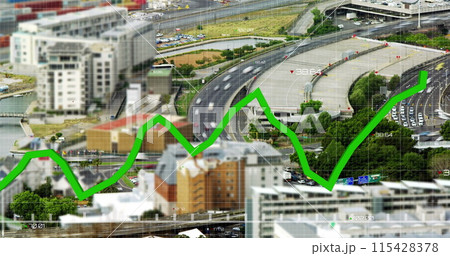 Image of green line and financial data processing over cityscape 115428378