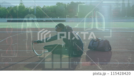 Image of digital data processing over disabled male athlete with running blades on racing track 115428420