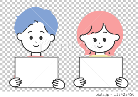 Illustration of a man and woman holding blank flip charts 115428456