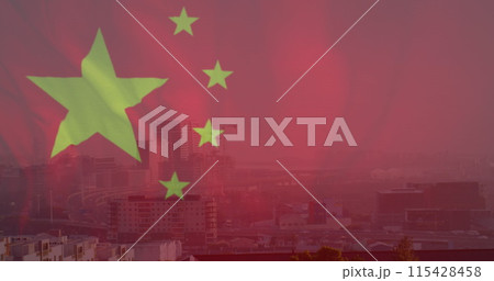 Image of flag of china over cityscape Image of flag of china over cityscape 115428458