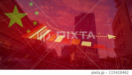 Image of financial data processing, flag of china over cityscape 115428462