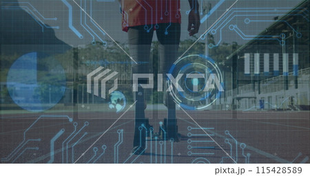 Image of digital data processing over disabled male athlete with running blades on running track Image of digital data processing over disabled male athlete with running blades on running track 115428589