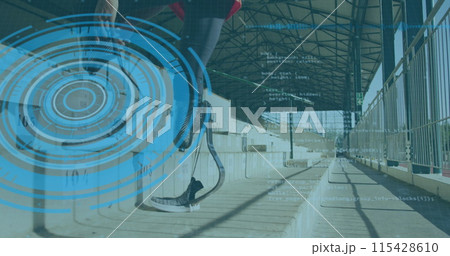 Image of digital data processing over disabled male athlete walking in stands of sports stadium 115428610