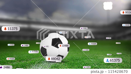 Image of social media icons on banners over football on pitch 115428670