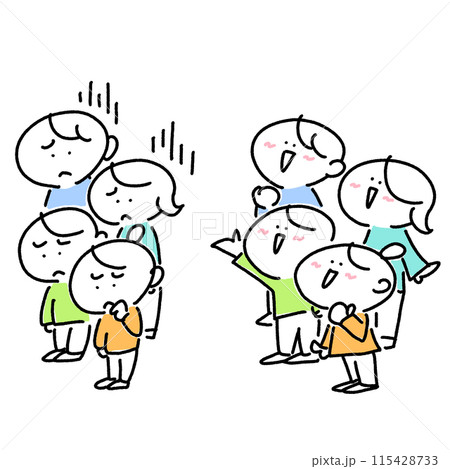 笑顔で遠くを見上げる家族　落ち込む家族　人々　バンザイ　幸せ　不幸せ　シンプルで可愛い線画イラスト 115428733