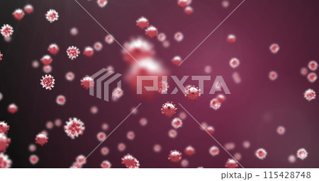 Image of covid 19 cells floating over red background 115428748