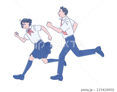 笑顔で走り出す男女の学生 笑顔で走り出す男女の学生 115428958
