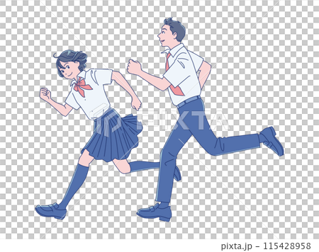 笑顔で走り出す男女の学生 笑顔で走り出す男女の学生 115428958