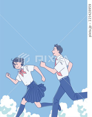 笑顔で走り出す男女の学生 笑顔で走り出す男女の学生 115428959