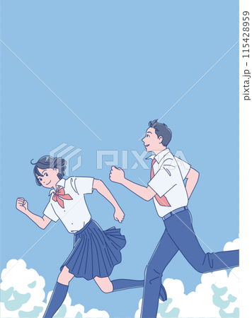 笑顔で走り出す男女の学生 笑顔で走り出す男女の学生 115428959