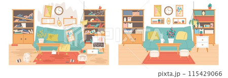 Clean and dirty living room. Messy apartment with old broken furniture and clutter, neat interior with new sofa and shelves, cleaning service, cartoon flat style isolated vector concept 115429066