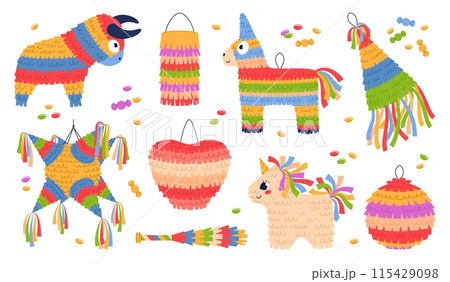 Mexican holiday pinatas. Color paper kids party decorations, colofrul animal, heart, ball shapes with confetti, birthday celebration, fiesta carnival, cartoon flat isolated vector set Mexican holiday pinatas. Color paper kids party decorations, colofrul animal, heart, ball shapes with confetti, birthday celebration, fiesta carnival, cartoon flat isolated vector set 115429098