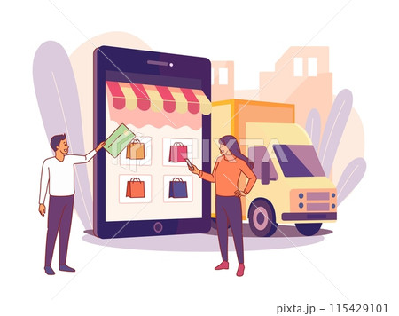 People in online store. Happy couple select and pay for purchases with card in mobile application, internet shopping process, delivery truck, cartoon flat isolated vector concept People in online store. Happy couple select and pay for purchases with card in mobile application, internet shopping process, delivery truck, cartoon flat isolated vector concept 115429101