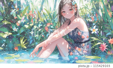 蓮池で水遊びをする女の子