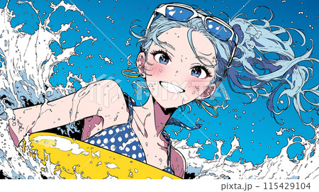 浮き輪につかまって沖縄の海で泳ぐ若い女の子