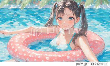 池で浮き輪で遊ぶ女の子