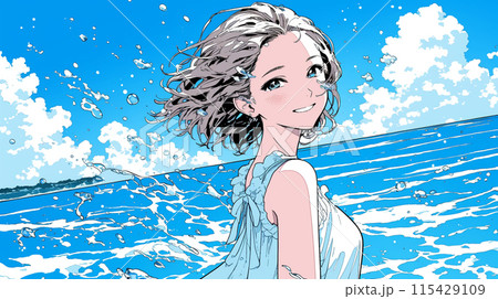 沖縄の海と空と若い女の子