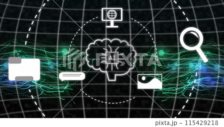 Image of ai chat and data processing over light trails and grid 115429218