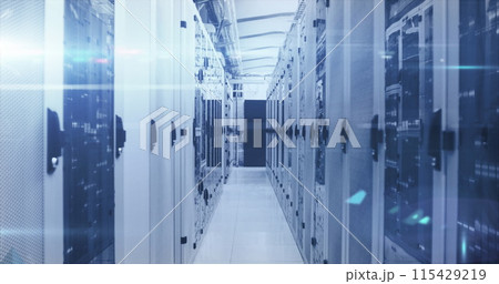 Image of digital clouds with arrows and data processing over computer servers 115429219