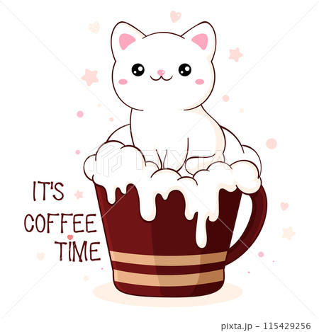 Lovely little cat in cup. Square card with cute animal in cup in kawaii style. Inscription It's coffee time. Can be used for t-shirt print, stickers, greeting card design. Vector illustration EPS8 115429256
