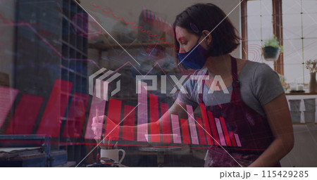 Image of covid 19 cells and over woman working in pottery studio wearing face mask Image of covid 19 cells and over woman working in pottery studio wearing face mask 115429285