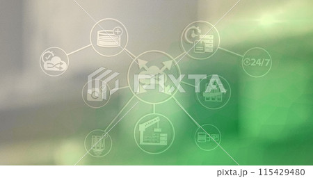 Network of digital icons against warehouse in background Network of digital icons against warehouse in background 115429480