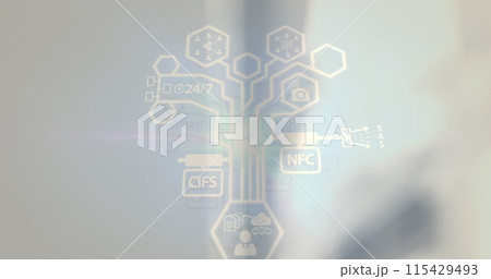 Network of digital icons against warehouse in background Network of digital icons against warehouse in background 115429493