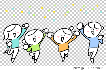 A family of four smiling and jumping with excitement confetti 115429803