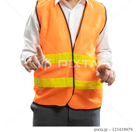 Asian engineer or technician finger point isolated 115429979