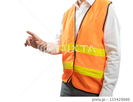Asian engineer or technician finger point isolated 115429980