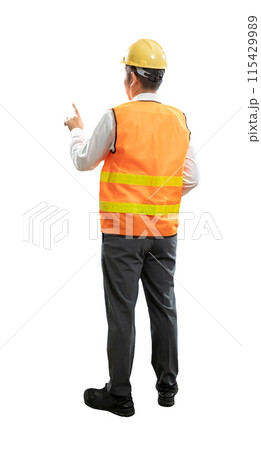 Asian engineer or technician finger point full length isolated 115429989