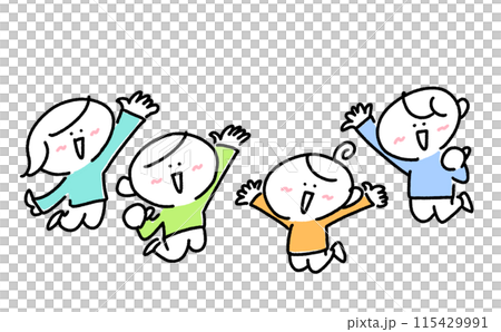 笑顔でジャンプをして盛り上がる4人家族 115429991