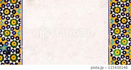 Detail of traditional persian mosaic wall with geometrical ornament, Iran. Horizontal or vertical background with ceramic tile. Mock up template. Copy space for text 115430146