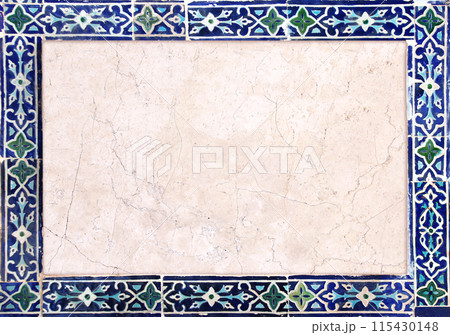Detail of traditional persian mosaic wall with floral ornament. Horizontal or vertical background with ceramic tile. Mock up template. Copy space for text 115430148